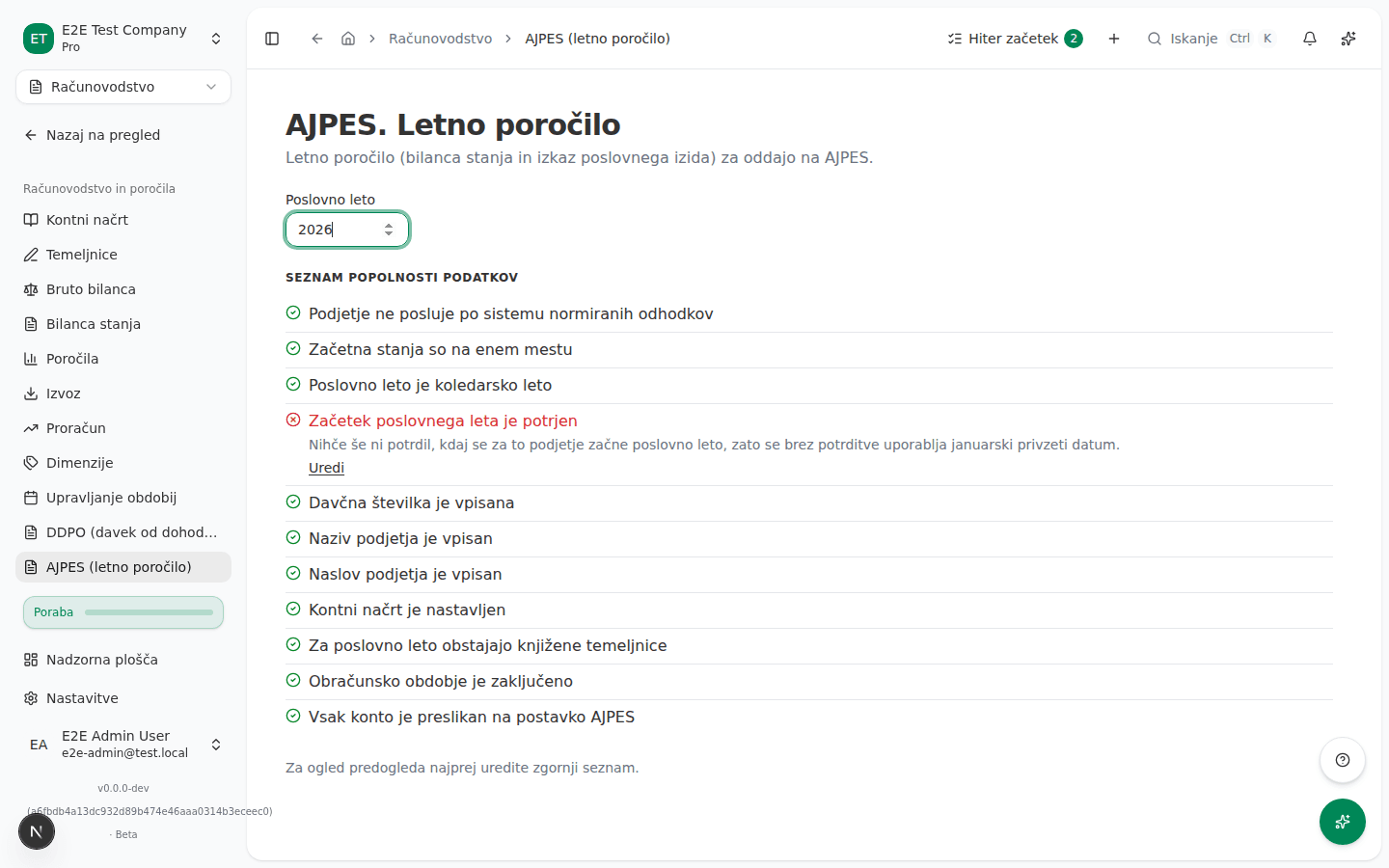 Stran AJPES s poljem za poslovno leto in seznamom popolnosti podatkov z več opravljenimi postavkami