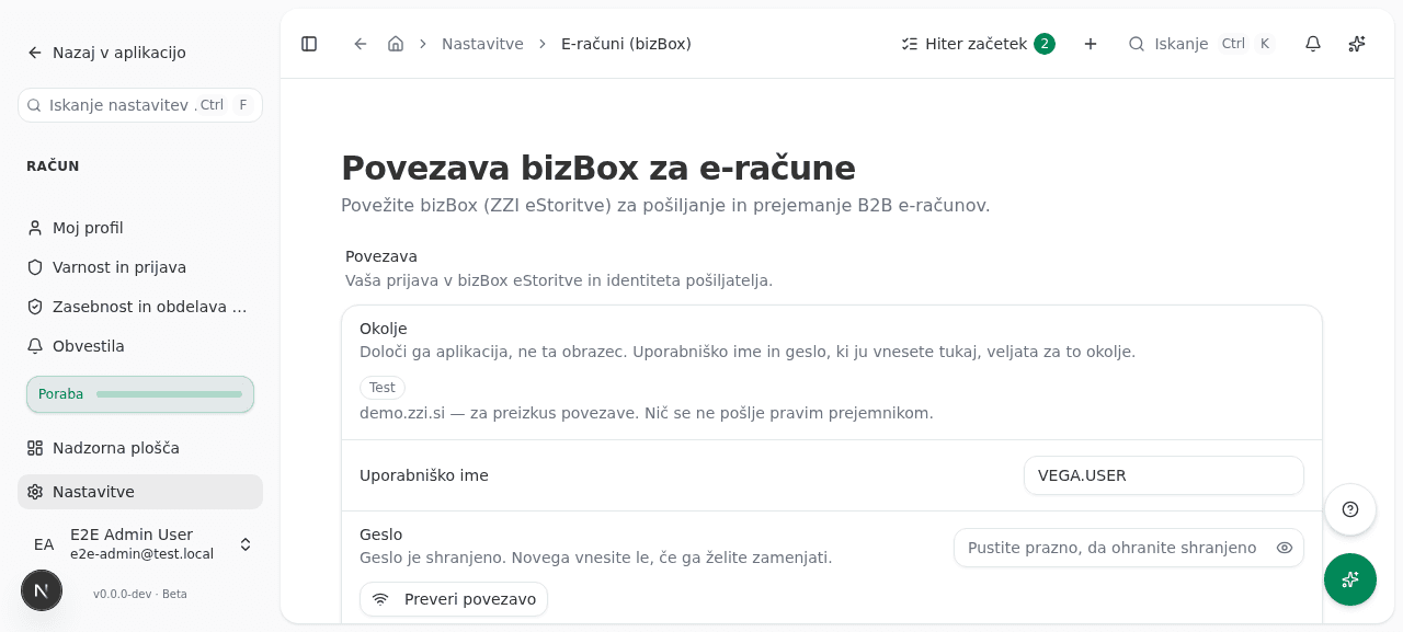 Stran "Povezava bizBox za e-račune" s prijavnimi podatki, izbrano identiteto pošiljatelja in stanjem povezave