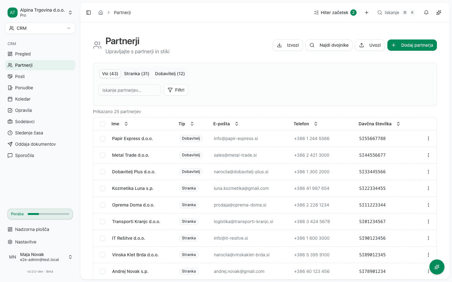 Seznam partnerjev v CRM z gumbom Dodaj partnerja