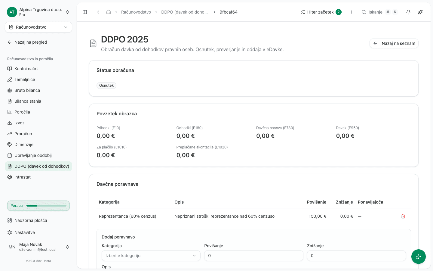 Stran obračuna DDPO 2025 s kartico Status obračuna v statusu Osnutek in kartico Povzetek obrazca, katere polja Prihodki, Odhodki, Davčna osnova in Davek so tu 0,00 €, ker za to davčno leto še ni knjiženih temeljnic