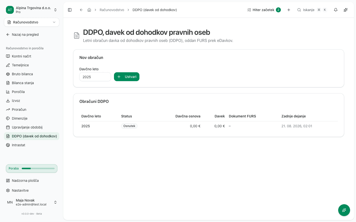 Seznam obračunov DDPO s kartico Nov obračun in tabelo Obračuni DDPO, ki prikazuje eno vrstico za davčno leto 2025 v statusu Osnutek