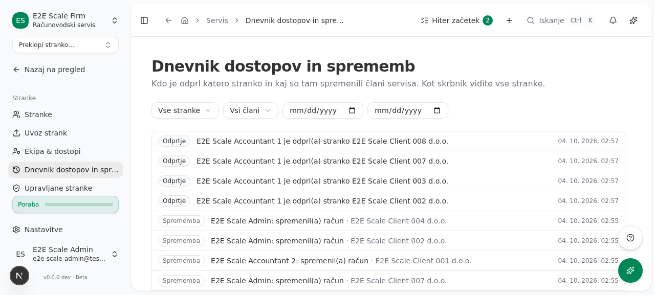 Dnevnik dostopov in sprememb s filtri in seznamom odprtij ter sprememb