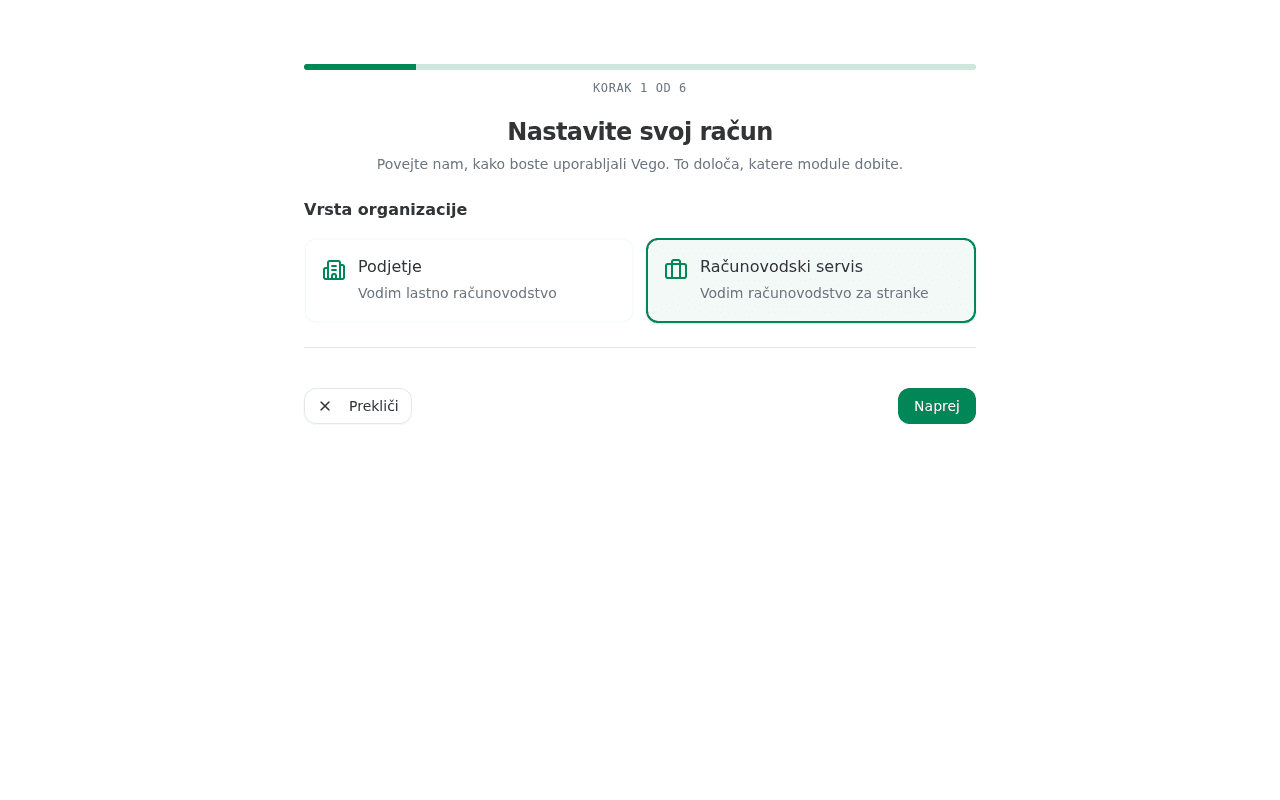 Wizard step 1 with the Računovodski servis card selected