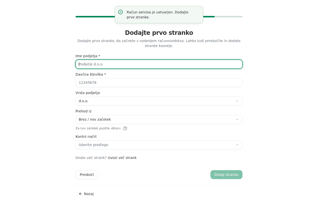 Add first client step with the Preskoči and Dodaj stranko buttons