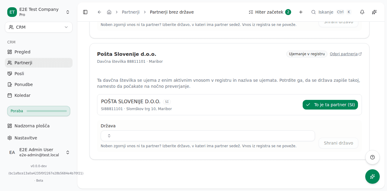 Kartica partnerja z vnosom iz registra in gumbom za potrditev