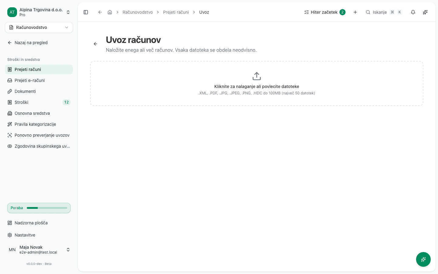 Stran Uvoz računov z območjem za nalaganje in seznamom podprtih formatov