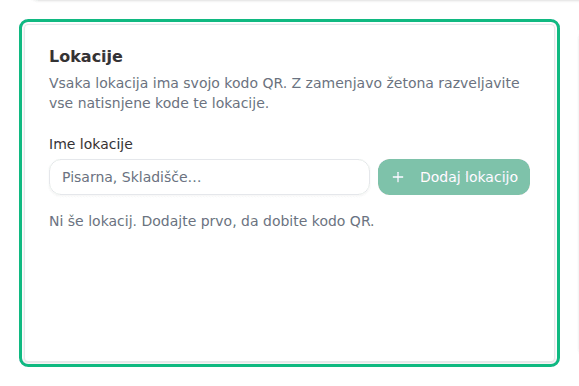 Kartica Lokacije na strani Prisotnost s poljem Ime lokacije in gumbom Dodaj lokacijo
