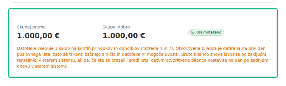 Korak Pregled pri uvozu otvoritvene bilance z opozorilom, da datoteka vsebuje saldo na kontih razredov 4 in 7