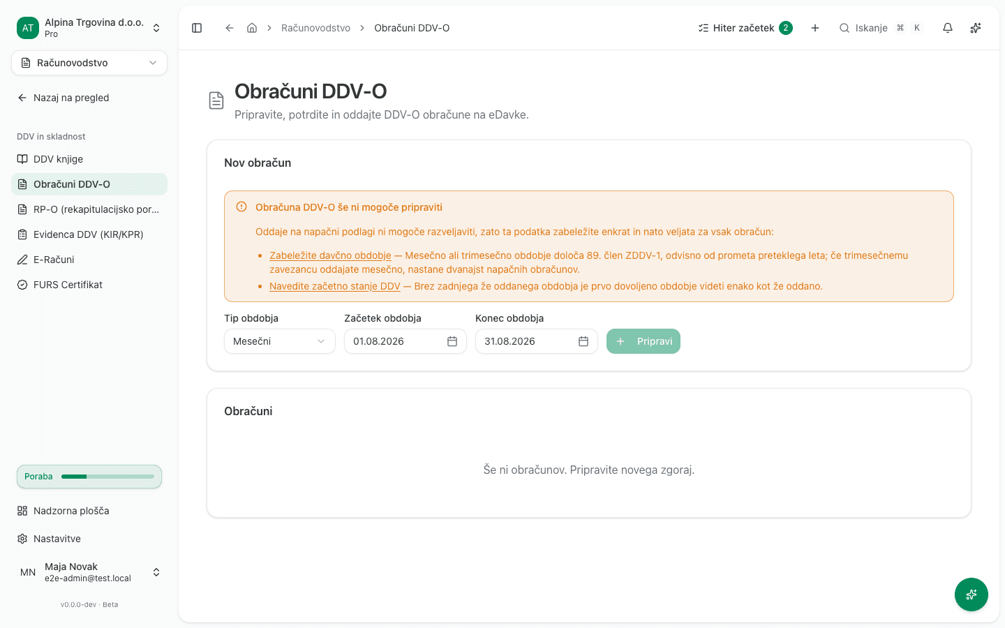 Stran "Obračuni DDV-O" z obrazcem za nov obračun in ustvarjenim osnutkom v seznamu