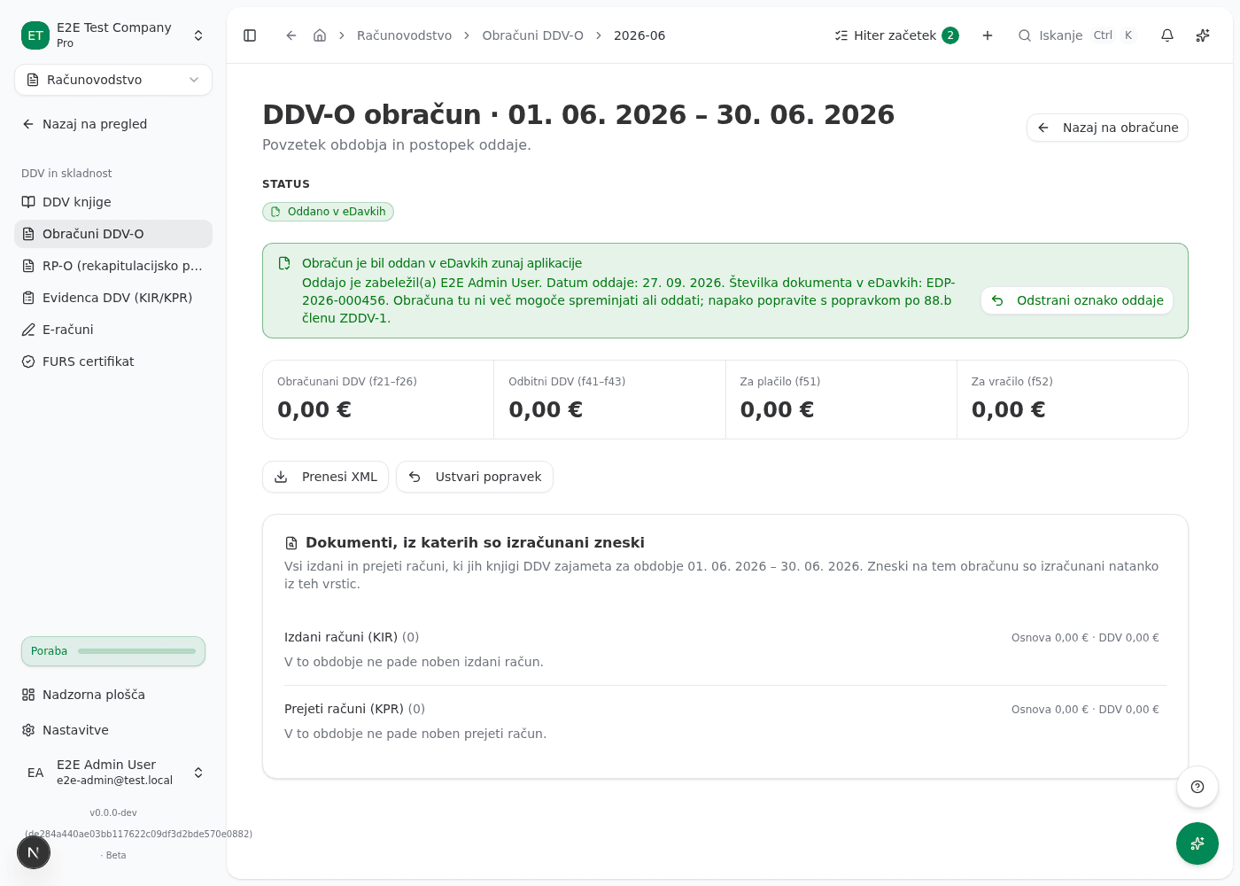 Stran obračuna DDV-O z oznako Oddano v eDavkih, okvirjem z datumom in številko dokumenta ter gumbom Ustvari popravek