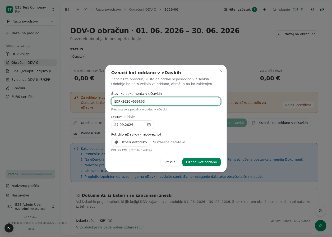 Okno Označi kot oddano v eDavkih s poljem za številko dokumenta, datumom oddaje in izbiro potrdila