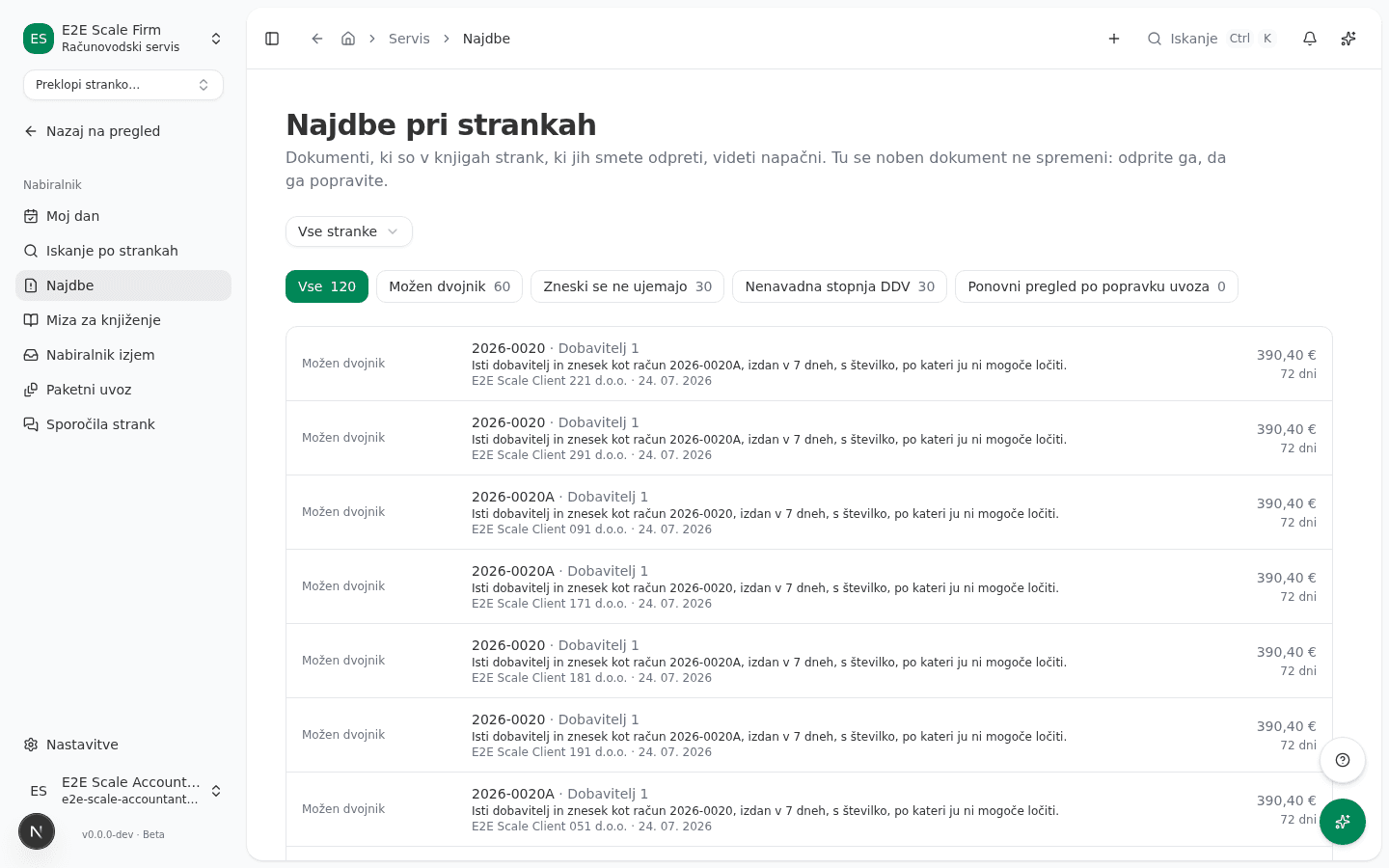 Stran Najdbe pri strankah z gumbi za vrste najdb in seznamom najdb, pri vsaki ime stranke