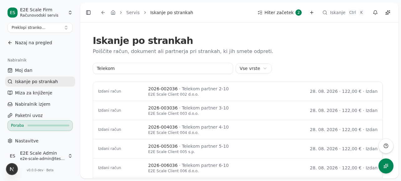 Stran Iskanje po strankah z vpisanim nizom in seznamom zadetkov, pri vsakem ime stranke