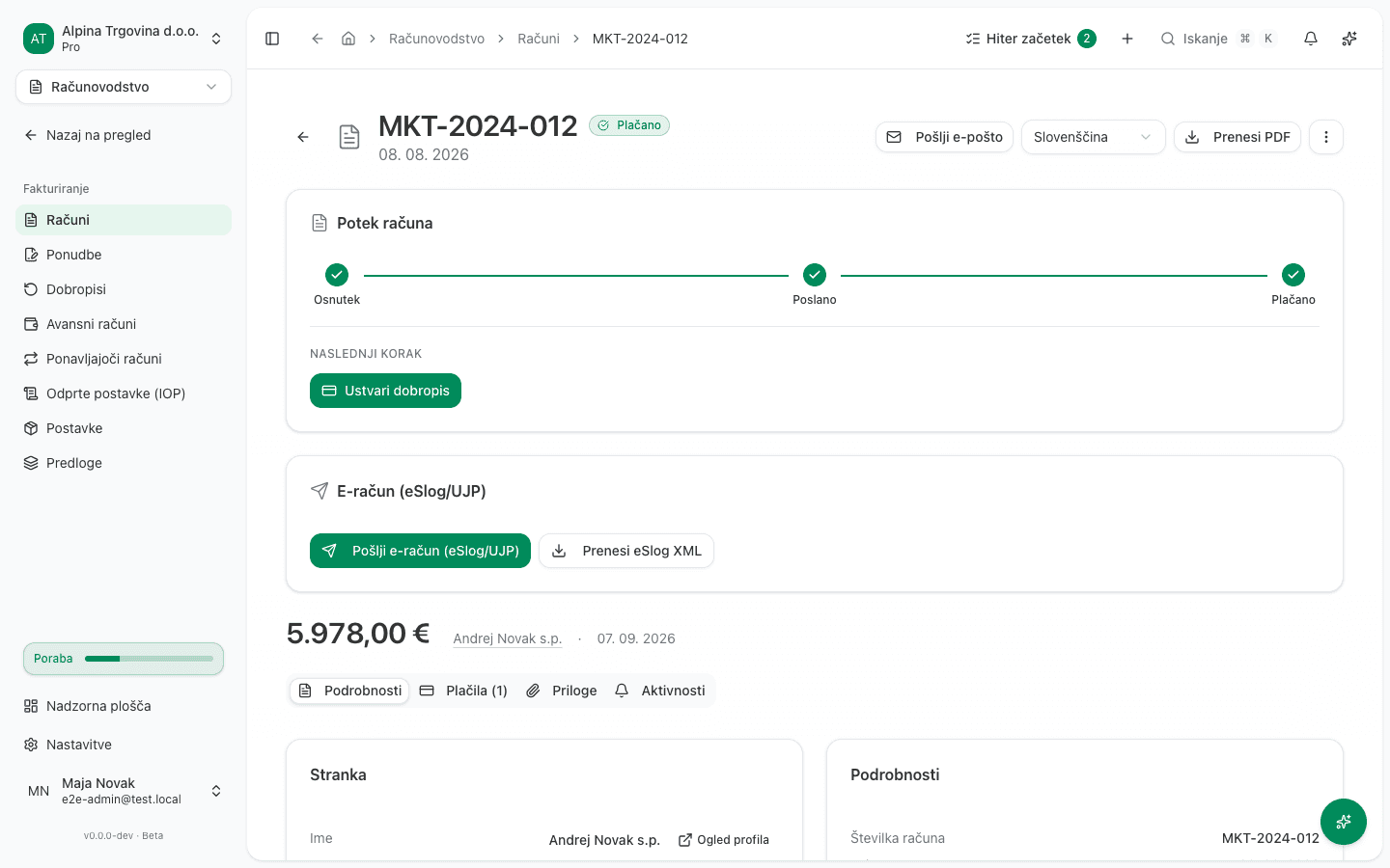 Stran s podrobnostmi izdanega računa z vrstico "E-račun" z akcijama za pošiljanje in prenos
