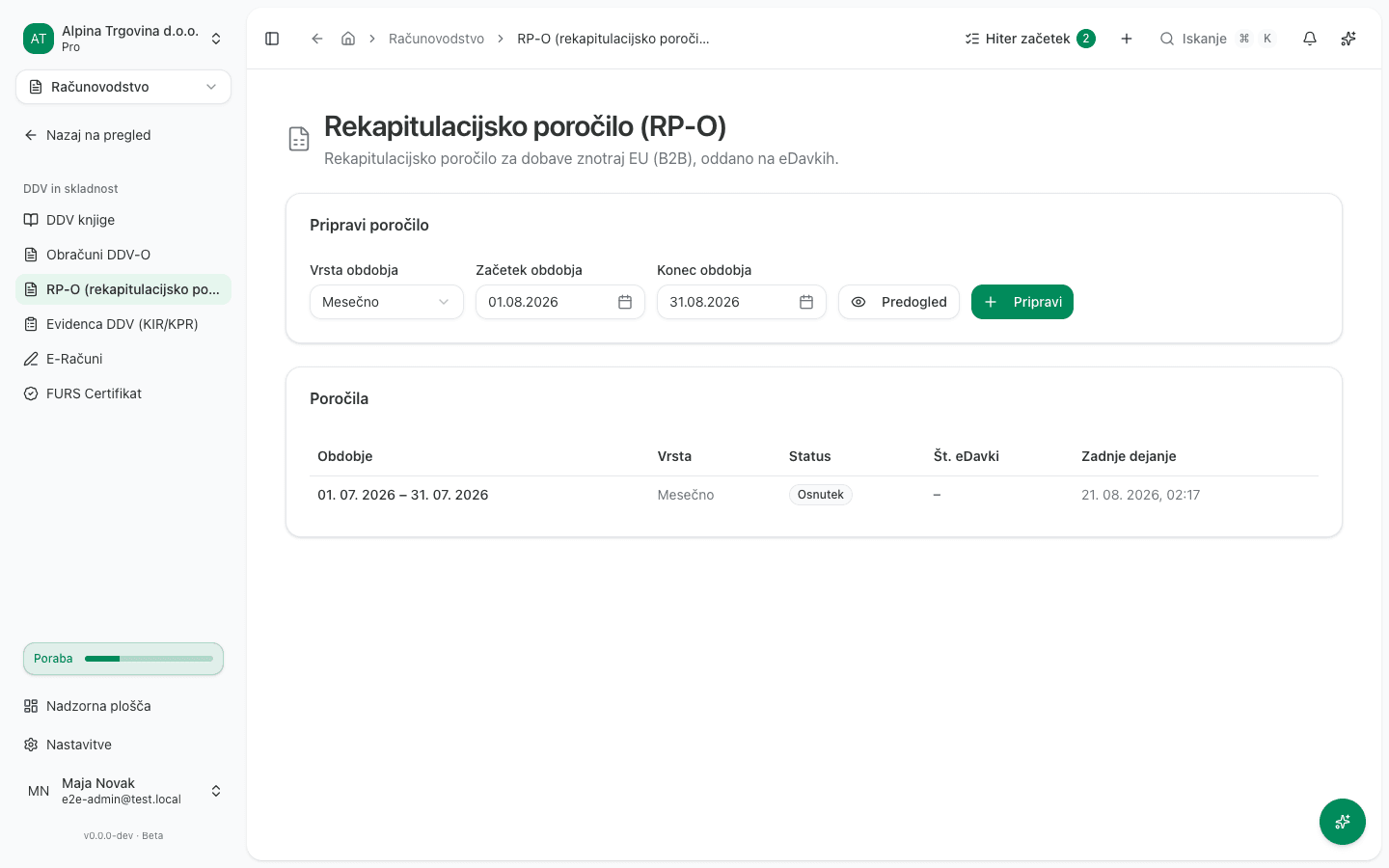 Kartica Pripravi poročilo z izbiro vrste obdobja in izbirnikom obdobja ter seznam Poročila z enim osnutkom spodaj