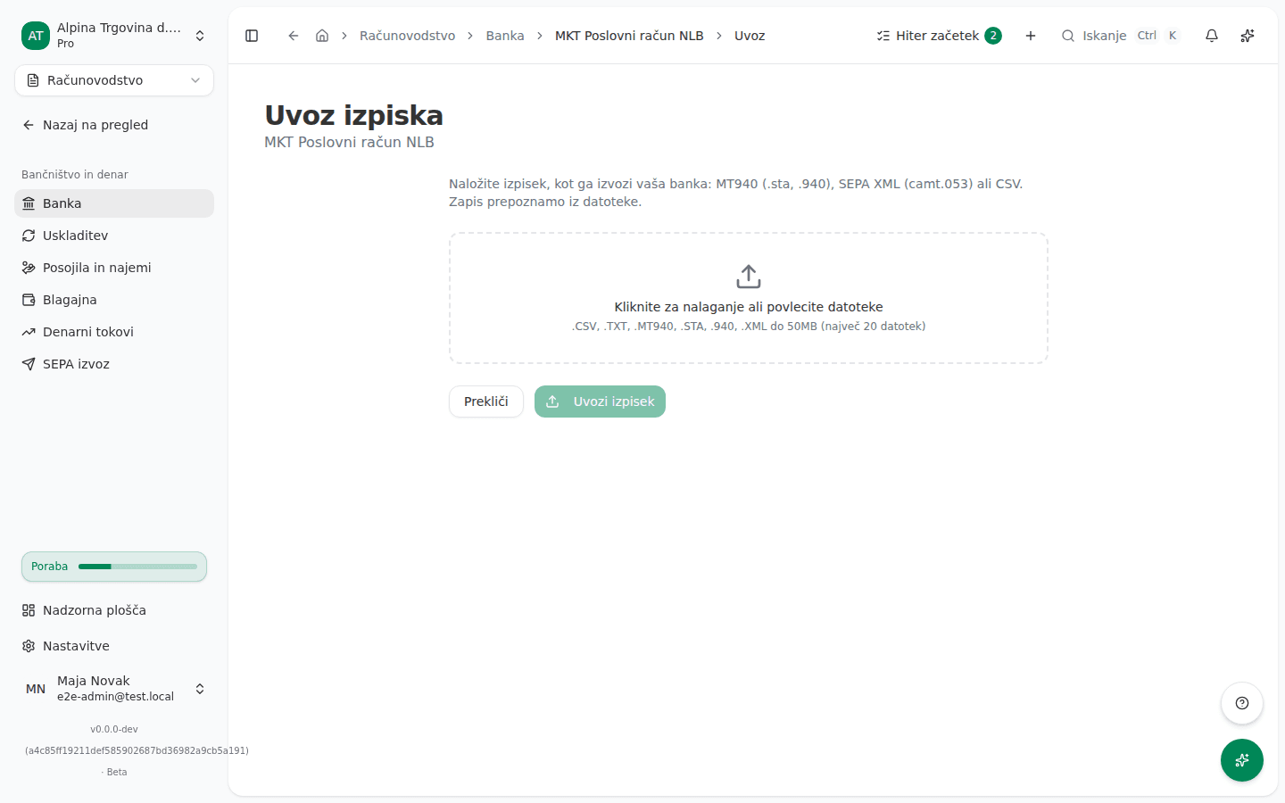 Stran za uvoz izpiska, kamor naložite popravljeno datoteko