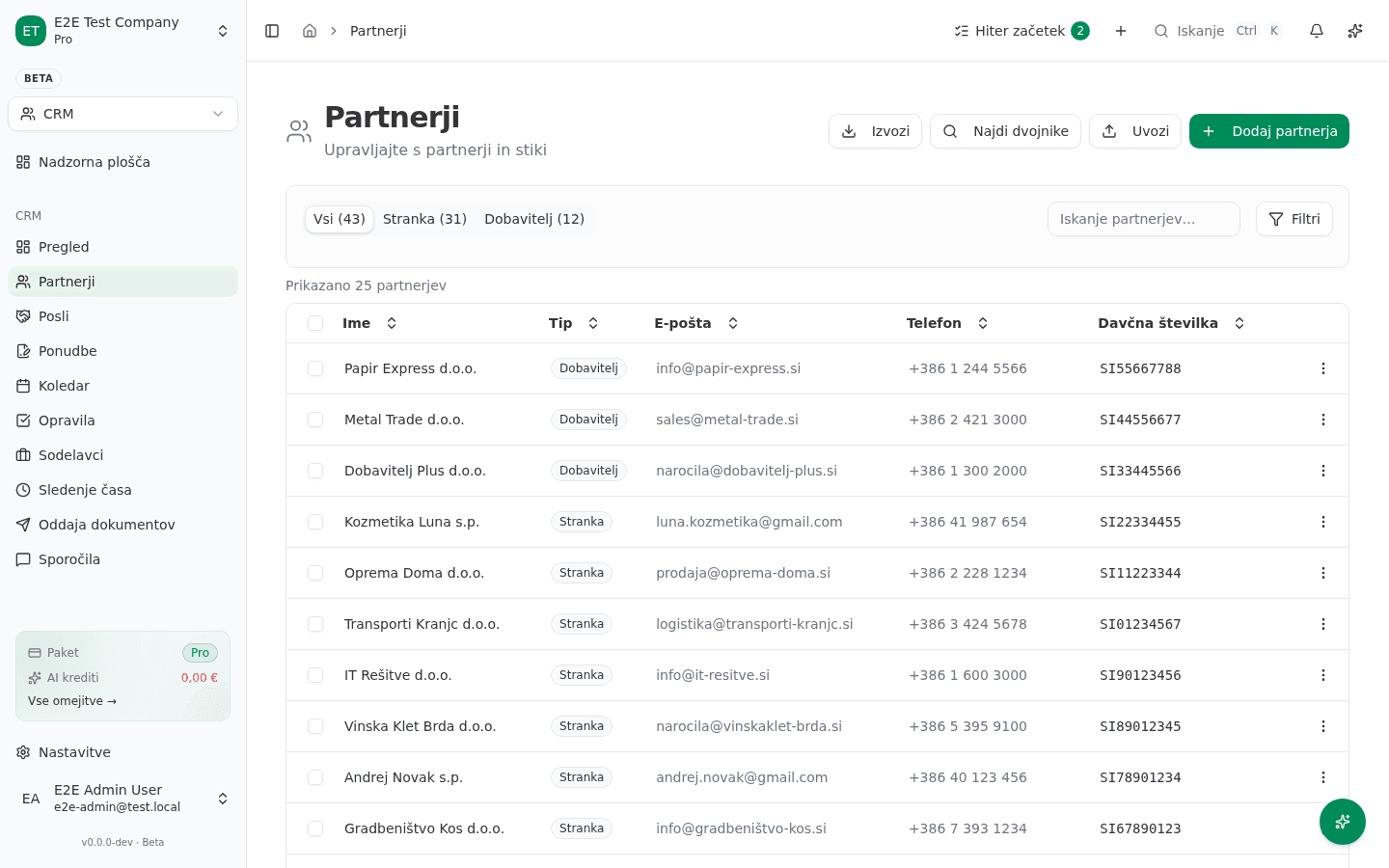 Seznam partnerjev v CRM z gumbom Dodaj partnerja