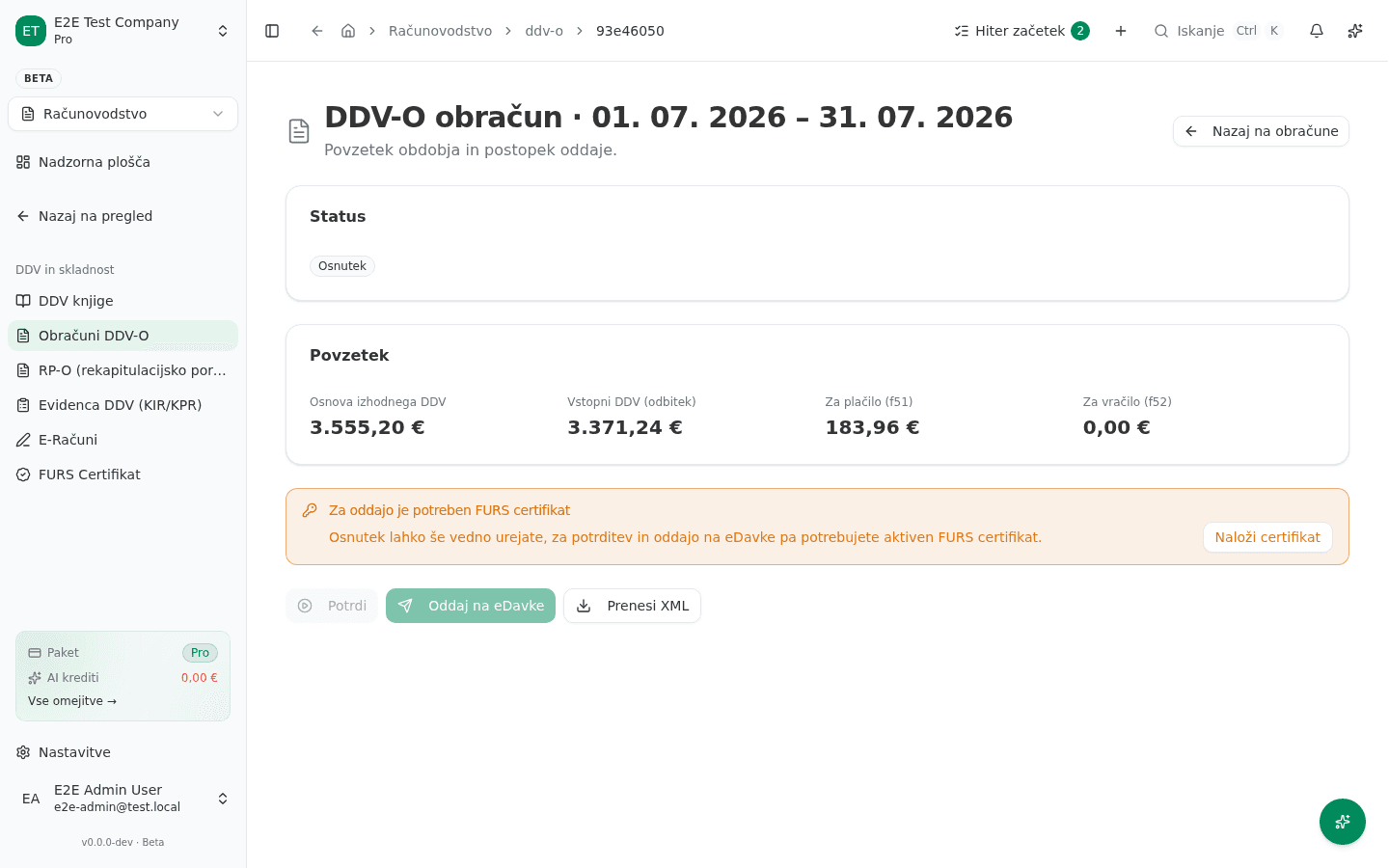Stran s podrobnostmi osnutka DDV-O s povzetkom f51/f52 in opozorilom o potrebnem FURS certifikatu