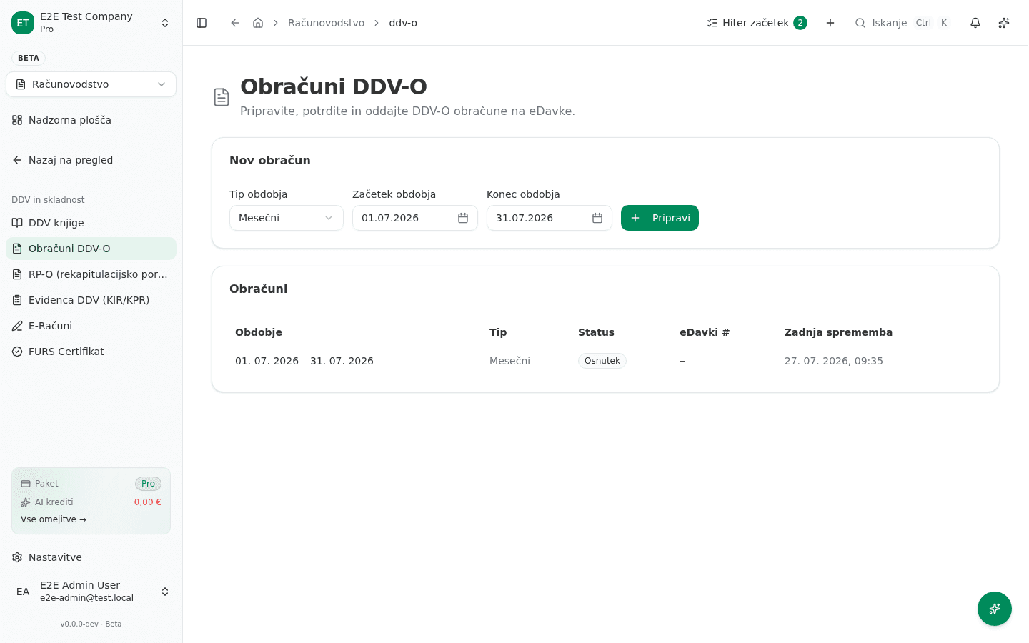 Stran "Obračuni DDV-O" z obrazcem za nov obračun in ustvarjenim osnutkom v seznamu